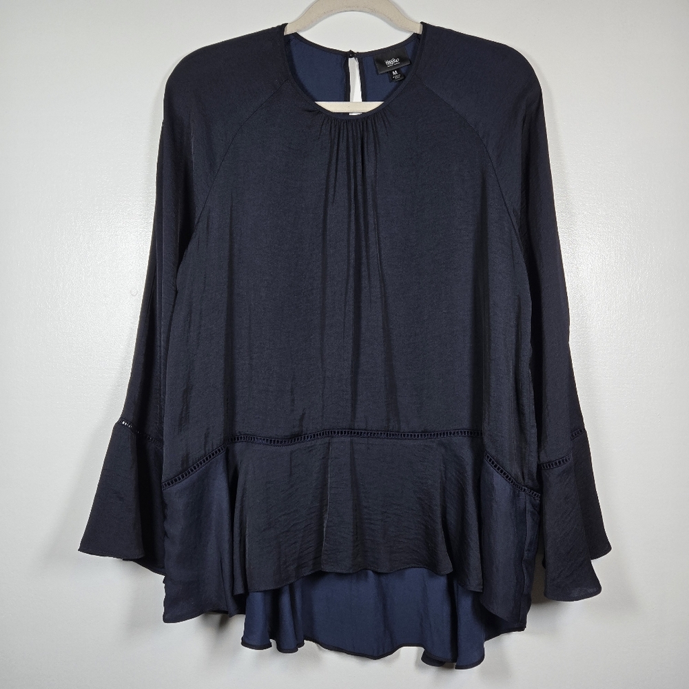 Mossimo Y2K Satin Navy Blue Eyelet Flutter Peplum Tunic Blouse Top Size Medium